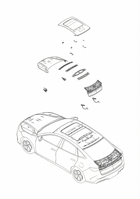 优化图片线条清晰度，去除图中所有序号和连接线，保留汽车 exploded 图线条结构，背景保持纯白色预览效果