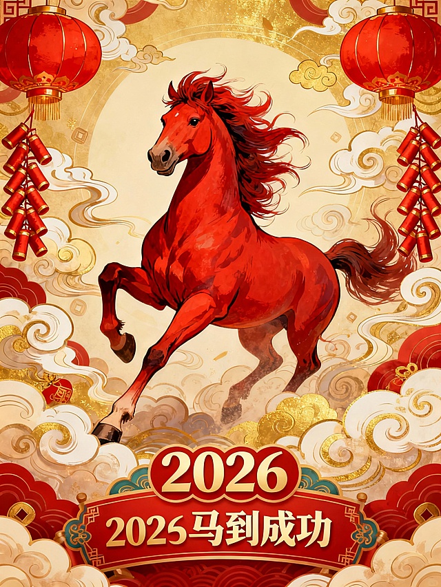 国潮风插画，厚涂技法勾勒奔腾红马，鎏金云纹与灯笼营造喜庆中式氛围，浮雕质感结合油画笔触，展现2026马到成功主题。
