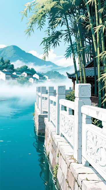 二次元写实古风，江南，河边石围栏特写，竹荫，雾气，云，群山，小镇，青色，浅白色，氛围感暧昧、唯美，空间感，细节丰富，全景构图，9:16,不要人物，生成2张预览效果
