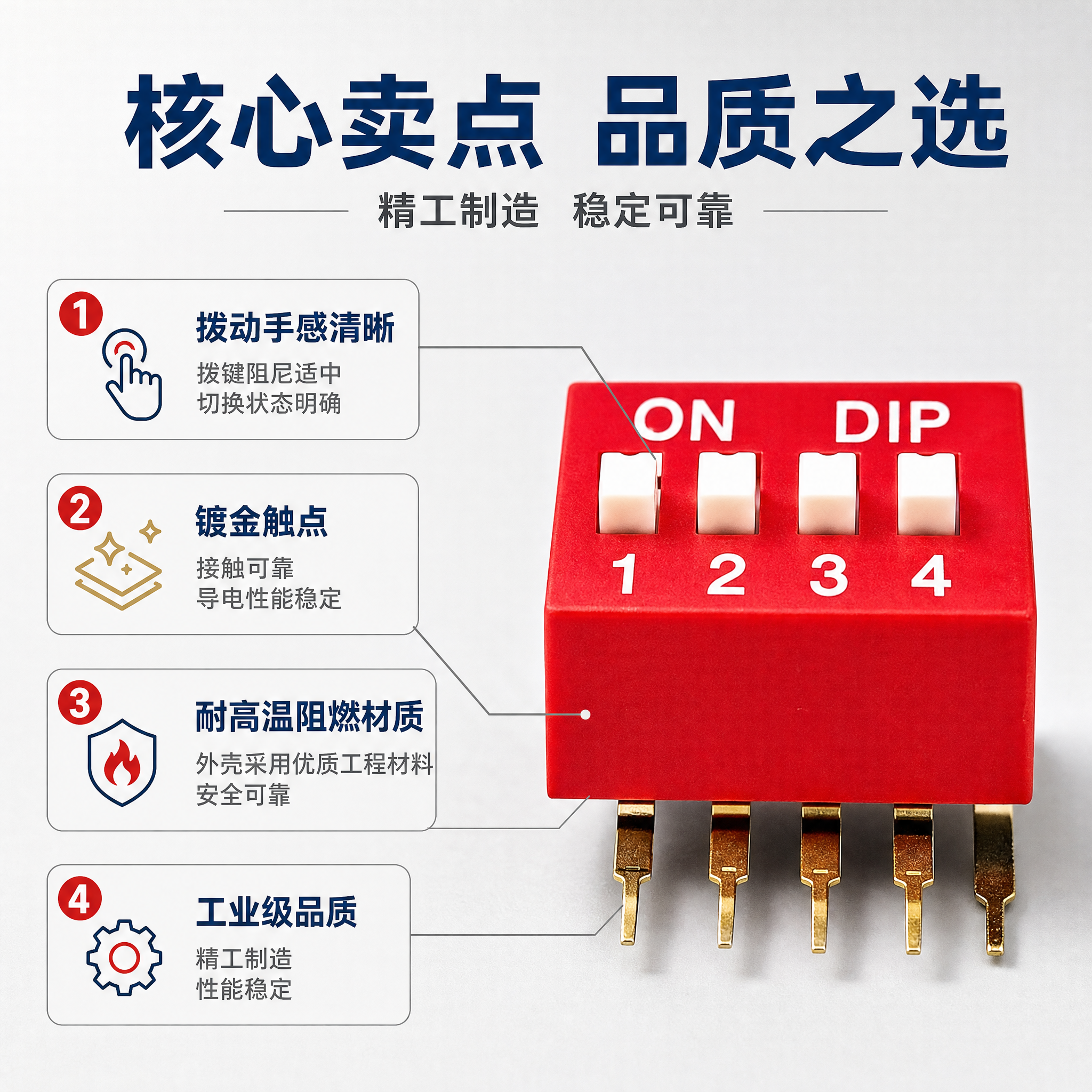 [主图-2] 红色拨码开关 DIP-4位直插式 产品亮点卖点图… - 图片创意预览