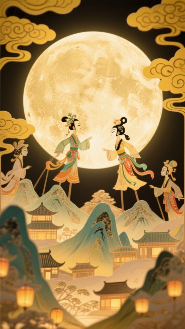 画面中心是一轮巨大的圆月特写，底部用工笔风格描绘全景山峦叠嶂，山间有古今建筑，万家灯火透出渐变温暖的光影，周围有祥云装饰，整体为黄色调基底，营造浓厚的中秋节日氛围预览效果