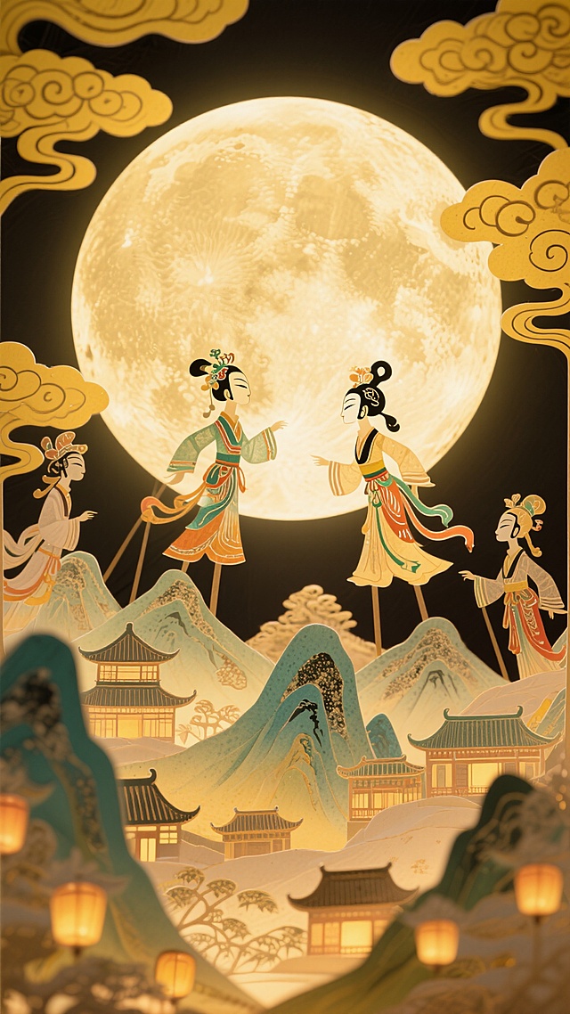 画面中心是一轮巨大的圆月特写，底部用工笔风格描绘全景山峦叠嶂，山间有古今建筑，万家灯火透出渐变温暖的光影，周围有祥云装饰，整体为黄色调基底，营造浓厚的中秋节日氛围