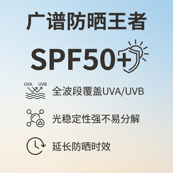 [主图 2] 核心防晒卖点解析图（无产品）
[氛围/风格] 极简科研风，专业可信
[画面元素] 商业高清质感，画面干净通透，浅蓝色浅米色渐变干净背景，用大号数字搭配图标展示核心参数，通过错落排版清晰呈预览效果