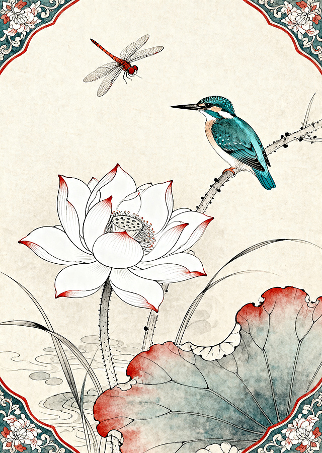 中国风古风工笔花鸟插画，中式传统国画风格，淡雅荷花，搭配翠鸟和蜻蜓，细腻白描线条，朱砂、石青复古国画配色，边角带有缠枝纹装饰，柔和底色，整体古典雅致，细节精致