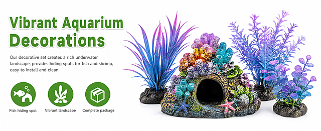 [第1屏] Colorful Aquarium Ornament Set product main image. This screen uses [image1] as a layout reference, maintains a similar left text right product layout and green matching style. [Atmosphere/Style] Clean bright nordic style, real product photography, highlighting product features, in line with Amazon A+ aesthetics. [Element layout] On the right side of the picture place the complete aquarium landscape set: a coral hiding cave ornaments with three different style of purple blue aquatic plants, keep the shape, color and structure consistent with the original product picture, the product occupies 60% of the right area, clear focus. The left side is reserved for text title, three green function icons consistent with the previous design. [Light and shadow texture] Soft natural light from the upper left, clear ceramic/resin texture, obvious color saturation, soft shadow, bright overall picture. [Color matching] Global background color: #ffffff (pure white); Main color: multi-color resin ornaments + purple blue aquatic plants; Auxiliary color: #508d4e (green text and icons). [Perspective composition] 61:25 Amazon web-side A+ horizontal layout, left text right product, clear level. [Text layout] Top left main title "Vibrant Aquarium Decorations", bold green font with white border, each main word capitalized. Below the title: "Our decorative set creates a rich underwater landscape, provides hiding spots for fish and shrimp, easy to install and clean." Three green circular icons below: fish icon labeled "Fish hiding spot", plant icon labeled "Vibrant landscape", box icon labeled "Complete package", all English, text clearly visible, layout consistent with reference style. [Proportion resolution] 61:25 wide screen, 4K resolution, high definition, text clearly recognizable. [Negative prompt] Product deformation, color mismatch, Chinese characters, text confusion, watermark, price, misleading propaganda, background clutter.