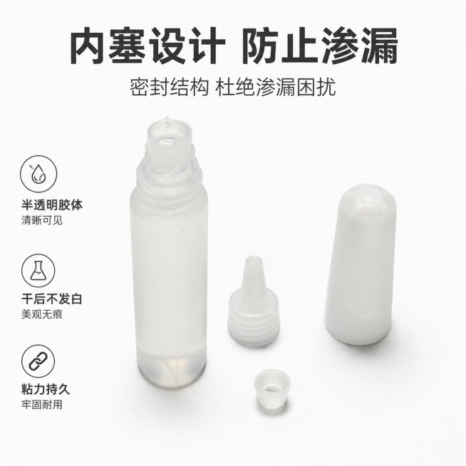 「图片1」，生成一套主图（5张），商品名称是6ml酒精胶水，卖点是源头工厂，江浙沪皖99%次日达，安全环保，无异味，内塞设计防止渗漏「图片1」半透明胶体，干后不发白，用途广泛，粘力持久，不影响美观，适预览效果