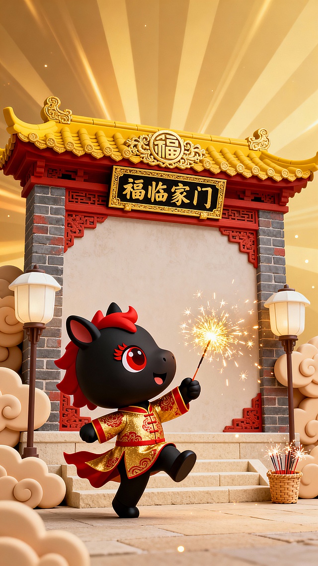 微仰视视角，暖金色调场景，柔和全局光照搭配暖金放射状渐变光效，青砖红饰中式照壁，黄瓦脊顶镶嵌金纹福字浮雕，上方悬挂 “福临家门” 金边黑底金字牌匾。照壁两侧立宫灯式米白灯笼，周围环绕暖米色立体祥云，旁侧摆着一小筐烟花棒。画面中央是占比 30% 的黑色大头 Q 版黑马卡通 IP，红色巨眼红睫毛，短小红鬃毛，侧身朝向照壁空地，呈开心挥舞烟花棒的动态（前爪举着绽放金色火花的烟花棒，后腿欢快地抬起踢向后方），身着金底红纹唐装，衣角被风微微吹起。照壁底部米色石阶，背景暖金放射渐变，火花溅起细碎光点。