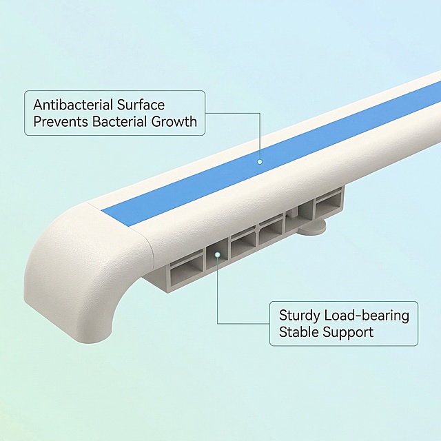 Create the third main image, functional display diagram of hospital PVC handrail. Put the product in center, use thin technical lines to connect two key points: 1. At the PVC outer layer, add the text label "Antibacterial Surface Prevents Bacterial Growth", 2. At the bottom mounting base, add the text label "Sturdy Load-bearing Stable Support". All text in English, clean style, soft comfortable medical colors, background is light gradient, product appearance 100% matches original image, 2k resolution.