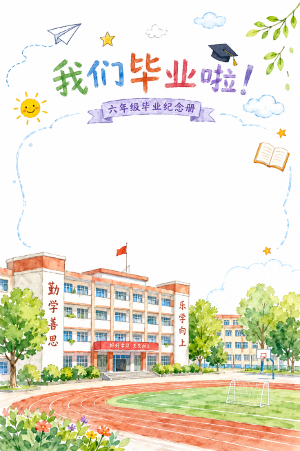 小学六年级毕业纪念册校园风景页，参考图片风格，白底手绘风，手绘校园教学楼操场风景，尺寸A4 210*297mm预览效果