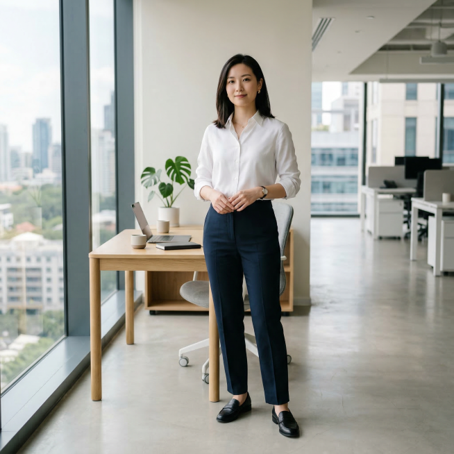 同一位模特穿高级感通勤白衬衫，保持同一个浅灰色极简办公空间室内背景，干净落地窗，城市柔和光影，现代简约办公桌，整体干净高级、明亮通透，无杂乱元素，专业职场氛围，柔和自然光从侧面洒入，现在姿势为：自然站预览效果