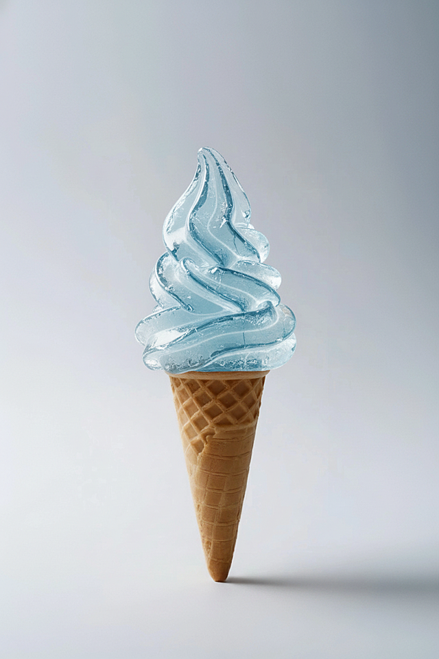 清透玻璃质感的冰激凌，融合未来感与虚拟自然，3D重拟物风呈现清爽夏日气息。