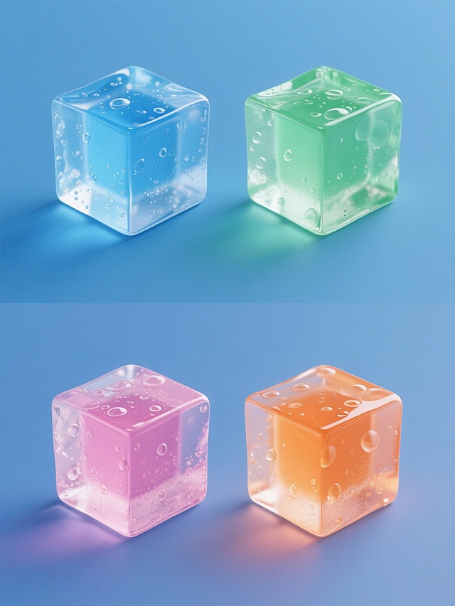 四张纯色背景的规整排布系列素材集合，每张均为高写实风格的透明立方体物体，保持冰块的晶莹质感、表面水珠与气泡细节、棱角分明的几何形态及柔和高光效果，但分别呈现不同色彩：第一张为纯净蓝色调，第二张为清新绿色调，第三张为浪漫粉色调，第四张为活力橙色调，整体画面干净简洁，色彩变换自然且保持统一的超写实透明质感。