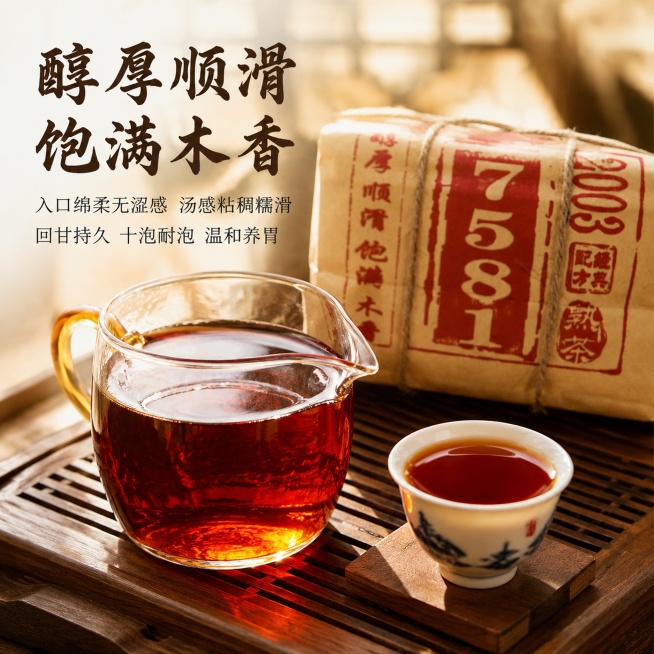 [主图-4] 茶汤品鉴口感展示
[氛围风格] 温润醇厚品茶氛围，复古中式风
[画质] 商业摄影质感，光线柔和通透，产品清晰真实，画面干净高级
[元素] 前方放置玻璃公道杯，盛满红浓油亮的琥珀酒红色茶汤预览效果