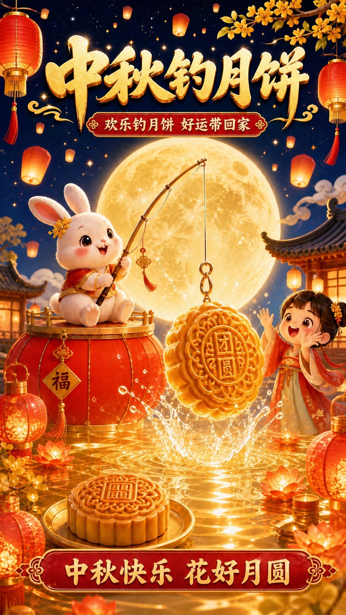 在这张中秋海报中补充灯笼元素：在画面下半部分的水面两侧和背景中… - 图片创意预览