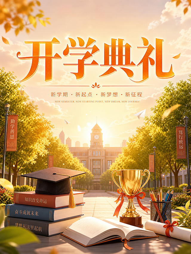 开学典礼主题公众号首图，画面上方居中位置有醒目的"开学典礼"四个大字，字体大气庄重，温暖橙金色调，画面下方是校园林荫道和书本、学士帽、奖杯等学习元素装饰，整体氛围温馨励志，充满新学期的期待感，设计精致美观，适合作为公众号封面首图
