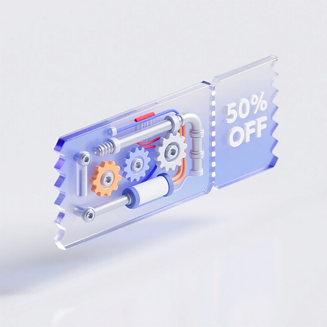 透明玻璃风3D票券，融合齿轮与管道的轻拟物设计，科技感十足，展现未来感清透美学，传递50%折扣优惠信息。