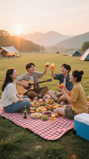 写实风格户外聚会场景，暖色调夕阳逆光效果，柔和自然光洒在草地，远处有朦胧山脉和散落帐篷。四位年轻人围坐在铺着红白格子餐布的野餐垫上，面带笑容互动，一人弹吉他，一人举杯，一人手持饮料，一人手拿水果。餐布上摆放丰富食物和饮品，旁边有蓝色冷藏箱。整体构图采用三分法，人物位于画面中心，背景开阔有纵深感，营造轻松愉悦的聚会氛围。预览效果