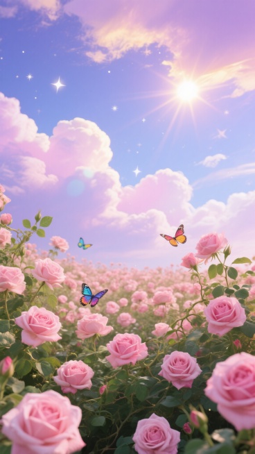 画面下方是大片盛开的粉色玫瑰花海，粉色玫瑰花朵饱满，花瓣层层叠叠，搭配翠绿的叶子和藤蔓，花丛中有几只色彩斑斓的蝴蝶飞舞；背景是梦幻的天空，蓝紫色调的天空中飘着大片粉色和白色的云彩，云层边缘泛着柔和的金光，天空中还有闪烁的星星和光芒四射的太阳，整体画面呈现出浪漫、梦幻、唯美的氛围，色彩清新柔和，光影效果细腻，充满了春日的生机与美好。预览效果