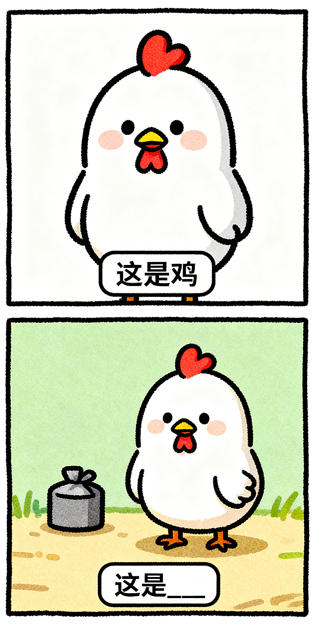 手绘搞笑纵向双格漫画，上半格：Q版可爱的鸡，极简背景，底部文字框写“这是鸡”；下半格：鸡站在那里，旁边没有一个可以丢失的物品，底部文字框写“这是____”，线条清晰，色彩鲜明