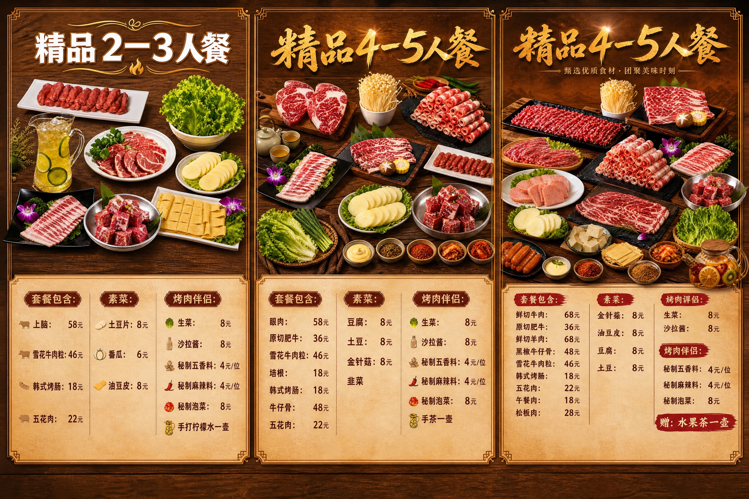 将三张烤肉套餐宣传海报合并为一张横版2250×1500px的综… - 图片创意预览