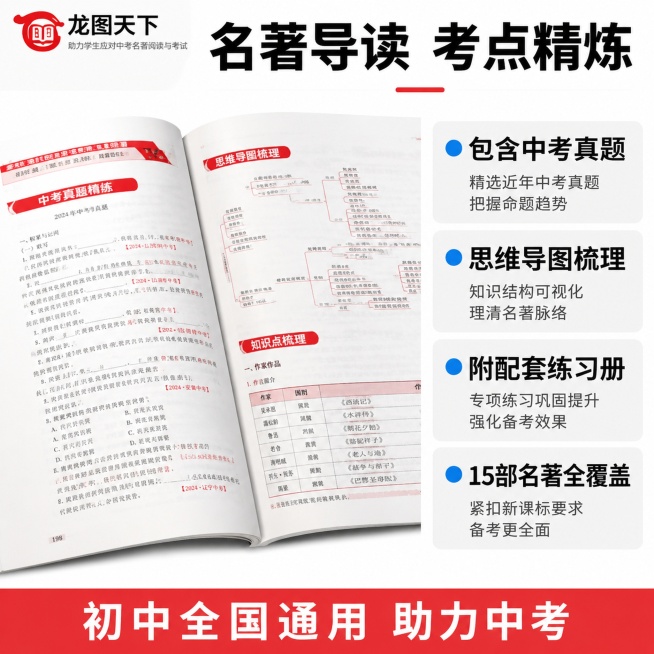 使用电商主图技能生成2张比例1:1的电商主图，适配平台为淘宝/天猫，商品为「图片1」，商品卖点为初中全国通用，名著导读考点精练，预览效果