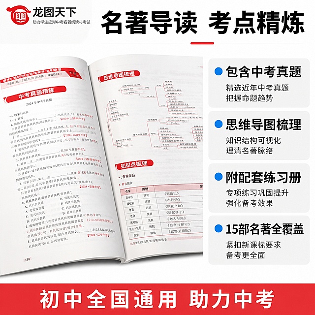 使用电商主图技能生成2张比例1:1的电商主图，适配平台为淘宝/天猫，商品为「图片1」，商品卖点为初中全国通用，名著导读考点精练，