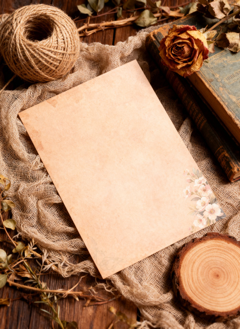 超写实静物摄影，俯拍 45° 视角，将参考图中的A4信纸平铺在亚麻纱布上；画面右侧点缀干枯玫瑰花和复古书本，左上角放置一团天然黄麻绳球，背景散落干枯藤条与植物枝叶；整体呈现自然森系、侘寂风、ins风美预览效果