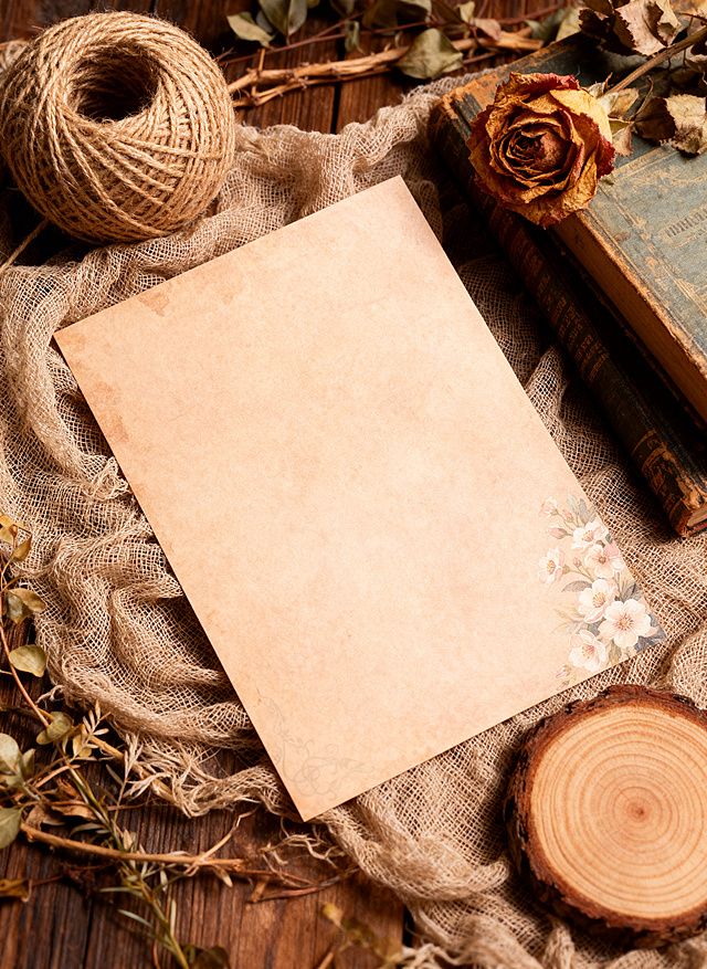 超写实静物摄影，俯拍 45° 视角，将参考图中的A4信纸平铺在亚麻纱布上；画面右侧点缀干枯玫瑰花和复古书本，左上角放置一团天然黄麻绳球，背景散落干枯藤条与植物枝叶；整体呈现自然森系、侘寂风、ins风美学，细腻光影层次，突出纸张的纹理、纱布的粗糙肌理、木头的年轮纹理与花朵的质感；高细节、8K分辨率、专业商业静物摄影质感，景深适中，主体清晰锐利，背景柔和虚化，无任何文字、无水印、无多余元素，色彩温暖治愈，色调柔和高级，氛围感拉满，保持信纸原有图案与颜色不变
