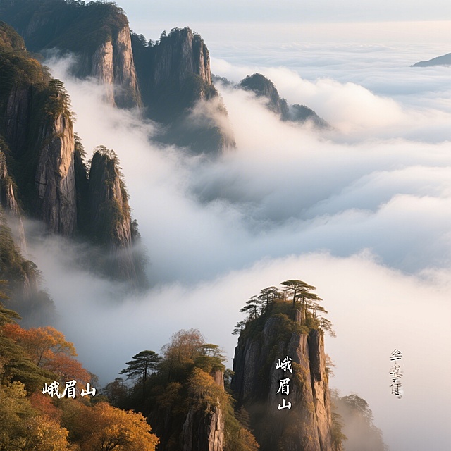 秋季峨眉山悬崖景观，翻涌的云海环绕陡峭崖壁，云雾缥缈壮阔，画面左下角有小字标注“峨眉山”，写实摄影风格，高清质感，视野开阔大气