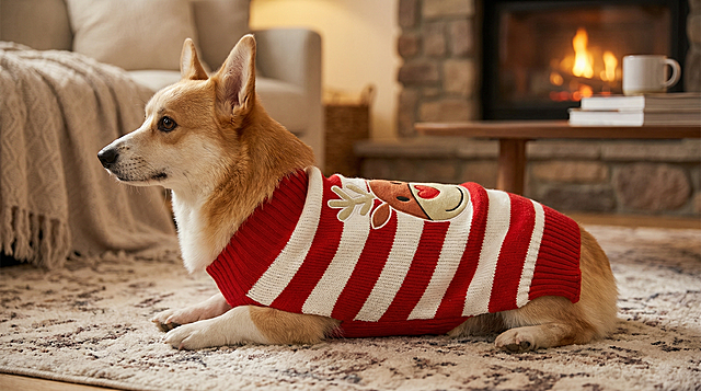 狗狗穿着这件红白条驯鹿图案毛衣在家中地毯上休息，保留毛衣的主体特征和驯鹿图案细节，画面超清，温暖舒适的居家氛围