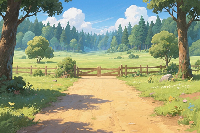 清新水彩插画风，舒适田园景致，绿树成荫，小径通幽，尽显自然之美。