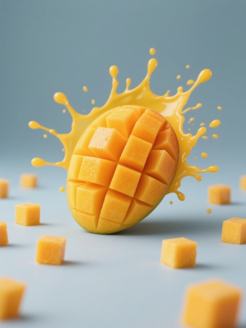 简约现代风格的芒果元素图案，纯色背景，无文字无logo无水印，画面中央是规整排布的单一芒果元素，芒果被切成整齐的立方体块状，果肉呈现饱满的橙黄色，汁水以动感的飞溅形态从芒果块中迸发出来，形成富有活力的黄色汁液飞溅效果，周围散落着大小不一的芒果立方体，整体造型简洁明快，色彩鲜明，具有强烈的视觉冲击力和现代设计感。预览效果