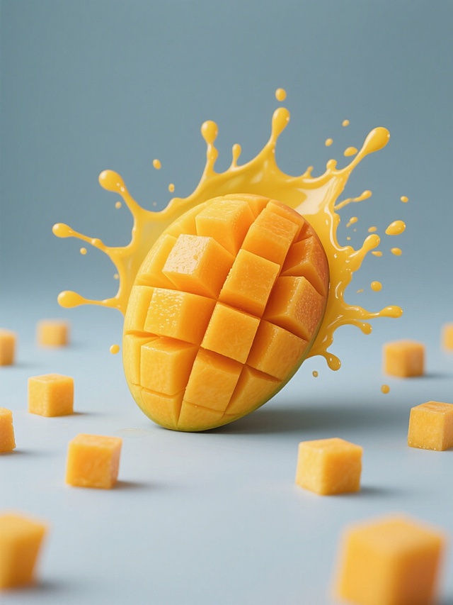 简约现代风格的芒果元素图案，纯色背景，无文字无logo无水印，画面中央是规整排布的单一芒果元素，芒果被切成整齐的立方体块状，果肉呈现饱满的橙黄色，汁水以动感的飞溅形态从芒果块中迸发出来，形成富有活力的黄色汁液飞溅效果，周围散落着大小不一的芒果立方体，整体造型简洁明快，色彩鲜明，具有强烈的视觉冲击力和现代设计感。