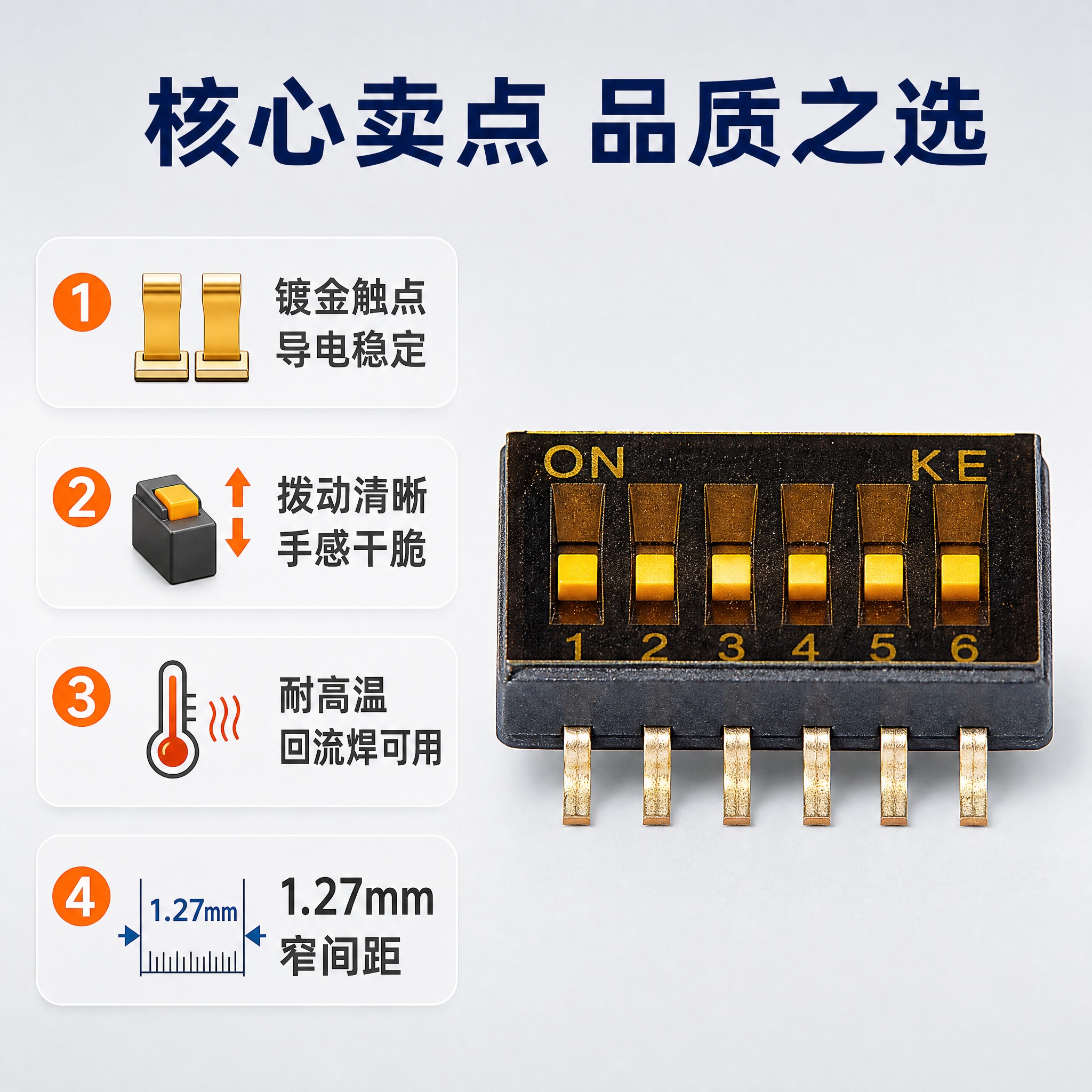 [主图-2] 1.27间距6位贴片拨码开关 产品亮点卖点图，展… - 图片创意预览