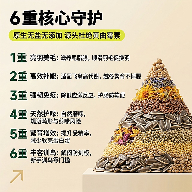 画面中产品相关元素必须 100% 参考用户上传的产品图，产品的内容物、颗粒形态、质感色彩与用户上传图完全一致，禁止任何重新设计、变形、色彩偏差；全程无任何品牌标识、品牌 logo、品牌名称，所有内容围绕鹦鹉专用油葵籽精华浓缩版展开。电商详情页功效成分卖点图，8K 超高清，商业产品食材摄影风格，光影均匀柔和，画面干净通透层次分明；全局统一画质标准、光影逻辑、色彩体系，与同系列详情页色调完全统一，多屏衔接色彩零色差、风格零偏差、视觉完全统一。背景为纯净的浅米黄色渐变纯色背景，与同系列详情页色调完全统一。画面左上角放置第一行黑色超粗黑体主标题 "6 重核心守护"，字号超大占据左上角核心视觉位；主标题下方为荧光嫩黄色圆角矩形色块打底，搭配黑色常规字体副标题 "原生无盐无添加 源头杜绝黄曲霉素"，左对齐排布，与主标题形成清晰文字层级。主标题下方，画面左侧垂直等距排列 6 组功效文字，从上至下依次为 "1 重 亮羽美毛：滋养尾脂腺，顺滑羽毛促换羽" "2 重 高效补能：适配飞禽高代谢，越冬繁育不掉膘" "3 重 强韧免疫：降低应激反应，护肠防软便" "4 重 天然护喙：自然磨喙，规避畸形与剪喙风险" "5 重 繁育增效：提升受精率，减少软壳蛋白蛋" "6 重 丰容训鸟：解闷防刻板，新手训鸟零门槛"，每组文字均为深绿色超大加粗数字序号搭配黑色常规字体功效说明，字号清晰层级分明，卖点一目了然。画面右侧，从下至上堆叠成金字塔造型的鹦鹉专用食材，每层食材分区清晰，核心主体为用户上传产品图中的同款油葵籽，搭配天然花草籽、谷物种子等，颗粒饱满色彩丰富，质感真实堆叠自然，与左侧 6 重功效形成视觉对应与平衡。画面左下角搭配浅金色简约向上箭头装饰，增加画面动感不抢主体。整体图文对应清晰，卖点传递高效，构图平衡视觉统一，符合宠物食品电商详情页功效卖点展示视觉标准。负面提示词：品牌 logo、品牌名称、文字乱码、仓鼠、金丝熊、鼠类相关元素、硬阴影、明暗反差过大、杂乱元素、画质模糊、色偏色差、高饱和刺眼色彩、肉类加工品、冻干、蔬菜干、油葵籽形态与用户上传产品不符