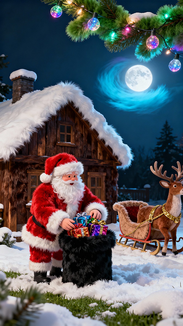 复古木屋前，圣诞老人正将礼物放进烟囱，驯鹿雪橇停在积雪草坪，松枝缠绕彩灯闪烁，月光洒下银白光晕，温馨治愈