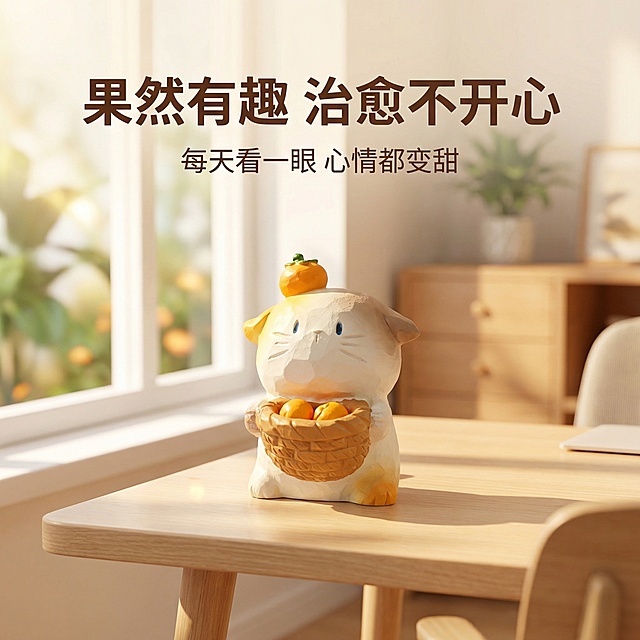[主图 10] 情绪价值种草图。氛围风格：治愈氛围感，简约松弛。画面元素：主款好柿猫猫放置在靠窗办公桌，午后阳光斜射形成柔和光斑，背景虚化，营造松弛治愈的办公氛围，保持猫猫造型和原图一致。配色色系：暖调光影，米白+木色，柔和治愈。视角构图：侧面平视，氛围感构图。文字版式：居中偏上配文艺短句 " 果然有趣 治愈不开心 " 加粗大字体，底部小字 "每天看一眼 心情都变甜"，文字颜色与背景对比清晰，传递情绪价值。比例分辨率：1:1 比例，2k 分辨率。