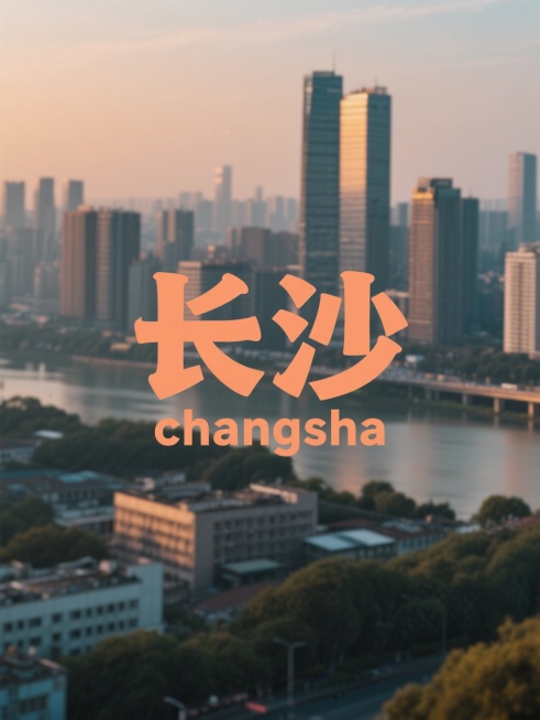 “长沙”二字居中，副标题小字“changsha”位于主标题之间，文字为暖色调，背景为长沙城市照片预览效果