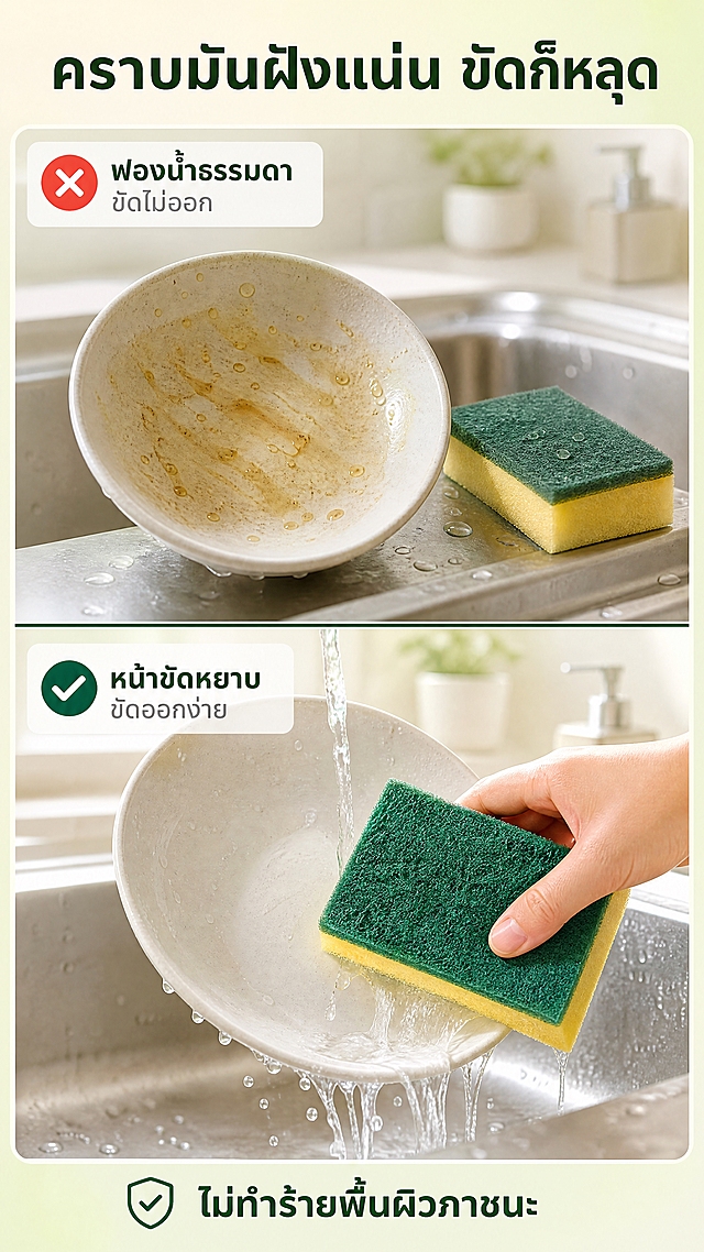 [商品] 使用【图1】双面清洁海绵：保留绿色磨砂百洁布面与黄色吸水海绵面的双面贴合结构、长方形比例、厚度与颜色，本页重点呈现绿色磨砂面的去污效果；不得改变结构、颜色、材质；仅增强纤维粗糙纹理与光泽真实感，保持原图案与文字不变。
[画面] 页面目标：详情页第 2 张痛点与解决页，克制呈现「普通海绵擦不掉 vs 双面海绵轻松擦净」；构图骨架为上下分栏两格：上格为厨房水槽中一只碗内壁残留油污、旁放普通薄海绵（画面克制、不恶心、无夸张污渍），配小标题与红色小叉图标；下格为同一只碗，用绿色磨砂面轻轻一擦即干净、清水冲洗、水珠清亮，配小标题与深青绿对勾图标；产品在下格占画面约 45%，上下两格各占约一半高度，中间以细线分隔；前中后景：前景水花、中景碗与海绵、后景虚化厨房台面。
[视觉] 套系策略：风格=跨境电商清爽真实厨房生活商业摄影（泰国站点，明亮通透、真实客观）；标题字=泰文粗圆体无衬线；正文字=泰文清晰无衬线体；主色=鲜黄绿（#C9D93A）与深绿（#1F7A4D）；背景延展=米白到浅薄荷绿同色渐变叠加墙面哑光质感；强调色=深青绿 #0E6B57，仅用于小面积图标、引线、标签；标题色=深墨绿 #14352B；正文色=中暖灰 #5A6B63；组件=圆角白底信息卡、细线分隔、圆形编号、小图标；光影=右上柔和自然光，上格略压暗、下格明亮通透形成对比。
[文字] 顶部横向主标题「คราบมันฝังแน่น ขัดก็หลุด」；上格标签「ฟองน้ำธรรมดา ขัดไม่ออก」；下格标签「หน้าขัดหยาบ ขัดออกง่าย」；底部一行副标题「ไม่ทำร้ายพื้นผิวภาชนะ」；全部横向排版，禁止竖排、旋转、斜排，不遮挡产品与碗的主体。
[规格] 图片比例 9:16 竖版，4K，负向：避免变形、错字乱码、文字过小、恶心或夸张污渍、商品颜色结构改变、冷蓝/蓝灰背景、水印、二维码、价格标签、绝对化宣传语。