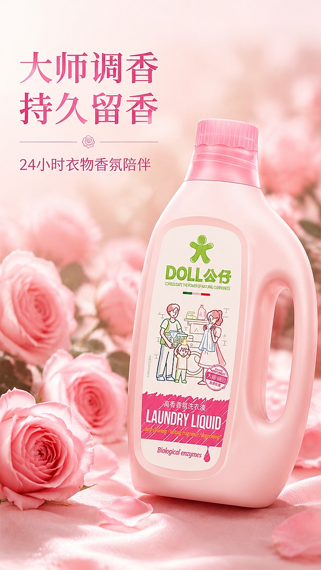 [第3屏] 香氛卖点-大师调香皇家玫瑰持久留香氛围展示。本屏使用【图1】作为商品主体。
[氛围/风格] 浪漫高级香氛氛围，柔焦质感，温馨浪漫。
[元素布局] 产品放置在画面右侧，占比约60%；左侧背景铺满半开玫瑰花丛，柔焦虚化处理突出产品；花瓣层次自然，营造高级香氛氛围感；瓶身外观和颜色与原图保持一致。
[光影质感] 左侧散射暖光，瓶身受光均匀，花瓣带柔和高光，整体氛围温暖浪漫。
[配色色系] 全局底色 #FAF0F4；主色玫瑰柔粉色；辅助色深绿叶片，产品原有配色。
[视角构图] 左虚右实，产品斜侧摆放更有动感，视觉动线从背景花丛自然过渡到产品。
[文字版式] 左上主标题「大师调香 持久留香」；副标题「24小时衣物香氛陪伴」文字排版左对齐，粉色字体柔和高级，不遮挡产品主体。
[比例分辨率] 9:16 竖版比例，分辨率2K，文字清晰可辨，高清画质。
[负向提示词] 产品变形，包装文字模糊，花瓣杂乱，文字遮挡主体，颜色偏差