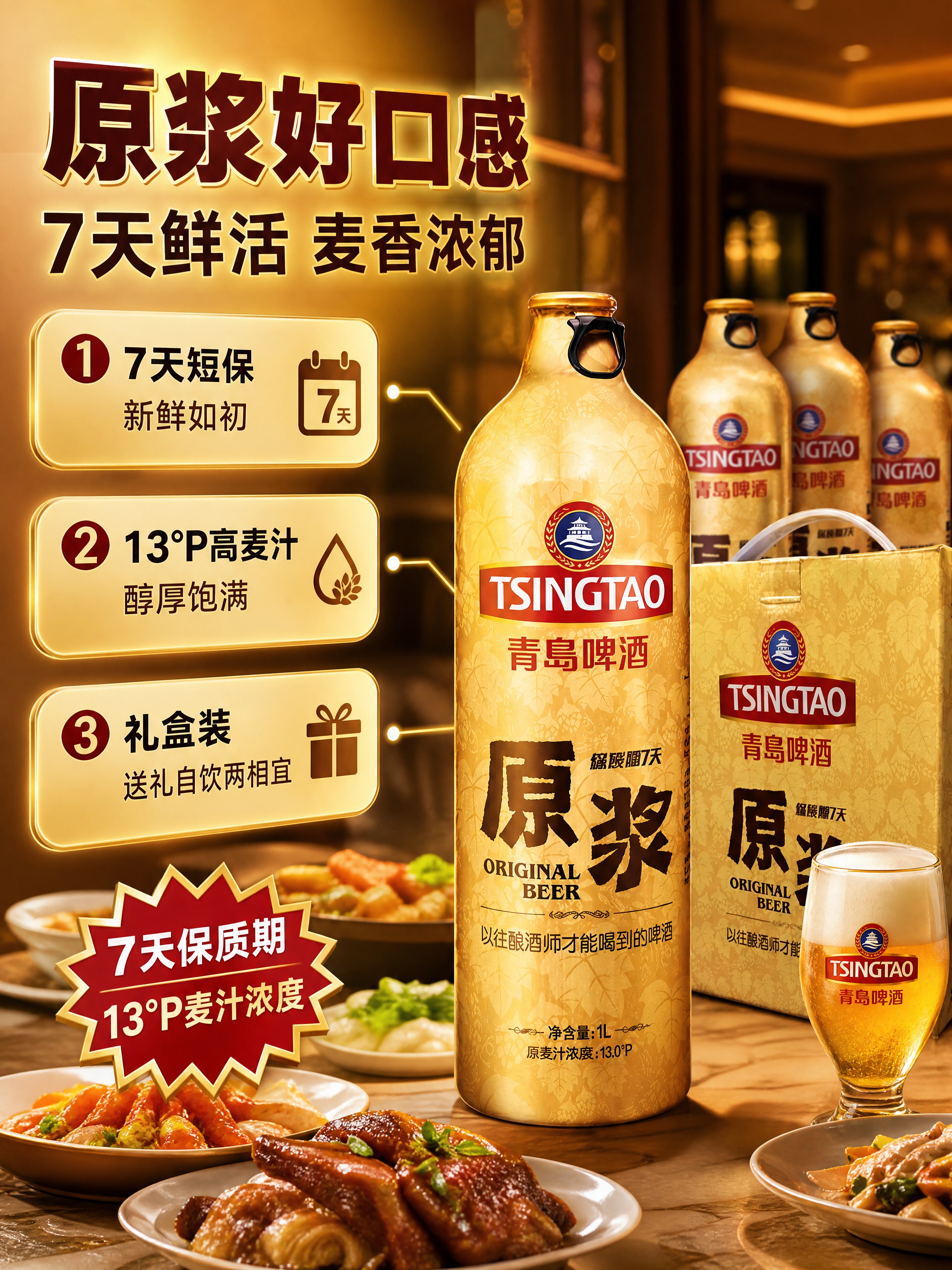 [商品] 使用【图1】青岛啤酒原浆1L铝瓶+整箱产品图；保留金… - 图片创意预览