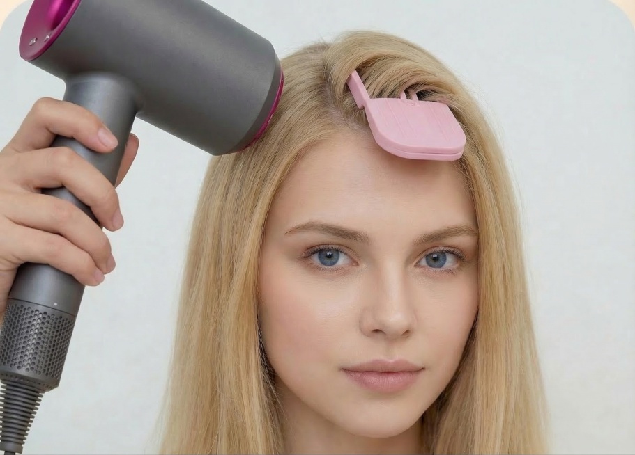 将图中的女模特更换为和图1相同的金发蓝眼的外国女模特，保留粉色发夹、手持灰色吹风机的动作和浅白色背景不变预览效果