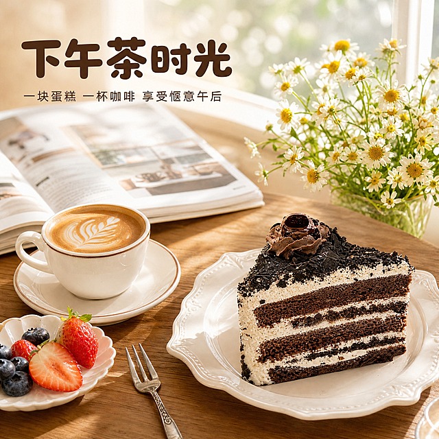 [主图-4] 黑森林蛋糕生活场景图，主题为下午茶惬意时光。
[统一基调] 整体暖调温馨甜品烘焙风，背景主色暖木色与奶白，标题字色深巧克力棕，辅助字色暖咖色；字体粗圆体甜品风，整体温馨治愈。
[画面] 黑森林三角切块蛋糕放在白色精致瓷盘上，置于木质餐桌右侧，占比约40%；左侧搭配一杯热拿铁咖啡（有拉花）、一把银色小叉子、一小碟新鲜莓果；桌面还有一本翻开的杂志与一束小雏菊，营造惬意下午茶氛围。背景是虚化的明亮窗边，自然光从右侧洒入，整体温暖明亮有生活感，第一人称俯视45度视角。
[光影质感] 生活方式美食摄影质感，自然窗边柔光，蛋糕与餐具都有柔和光影，桌面有自然投影，整体通透温暖，有治愈感。
[配色] 背景暖木色+奶白色，蛋糕巧克力棕+奶油白，咖啡深棕，整体暖色调和谐温馨，有生活气息。
[文字版式] 画面左上角主标题"下午茶时光"，深巧克力棕粗圆体大字，下方小字"一块蛋糕 一杯咖啡 享受惬意午后"，暖咖色细圆体；文字放在左上负空间，不遮挡蛋糕主体。
[输出要求] 1:1正方形，2048x2048，2K分辨率，场景自然真实，蛋糕清晰；负向：禁止变形、错字、模糊、水印、平台Logo、人物出现、过度摆拍感、颜色偏冷。