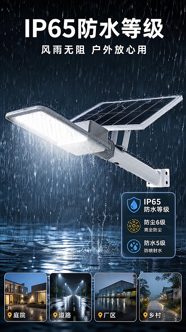 [商品] 使用【图1】太阳能路灯整体图；保留灯体、光伏板、支架、灯臂完整结构与颜色，不改变产品比例和材质。
[画面] 目标：IP65防水等级测试展示，证明户外全天候适用。构图：产品居中，周围模拟暴雨淋水场景（水滴、水花），底部有水波纹，产品正常发光。右侧配IP65等级说明图标。产品占画面45%，位于画面中心，斜侧角度展示。阅读动线：顶部标题→中部产品+防水测试场景→底部适用场景说明。
[视觉] 套系策略：风格=工业科技风商业摄影，1688批发平台专业简洁调性；标题字=粗黑无衬线黑体；正文字=简洁无衬线体；主色=深蓝灰；背景延展=基于深蓝灰做雨天场景渐变，底部水波纹效果；强调色=冷白色（灯光高光）+ 水蓝色（水花）+ 橙黄色（标签点缀）；标题色=纯白；正文色=浅灰白；组件=水滴水花特效、防水盾牌图标、圆角信息卡；光影=灯具发出冷白光，穿透水滴，水面有灯光反射。
[文字] 顶部主标题「IP65防水等级」，副标题「风雨无阻 户外放心用」；右侧信息卡：「防尘6级 完全防尘」「防水5级 防喷射水」；底部4个适用场景标签：「庭院」「道路」「厂区」「乡村」；所有文字横向排版。
[规格] 单屏比例9:16竖版，分辨率4K，quality=medium；负向：变形、错字、文字过小、极限词、平台Logo、二维码、产品结构错乱、颜色失真。