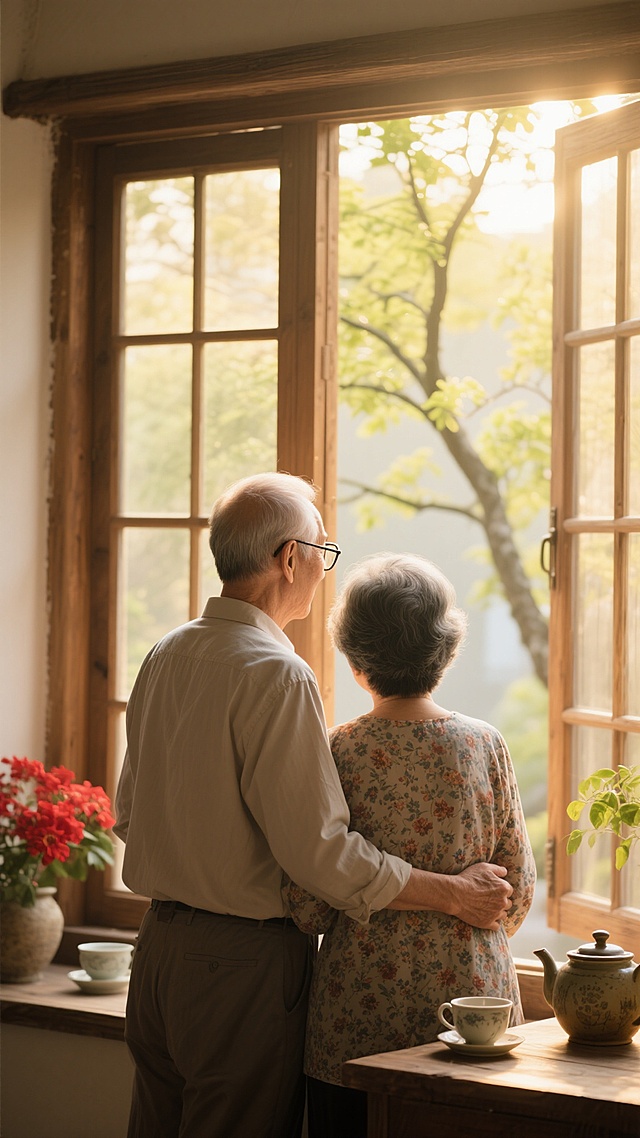 温暖柔和的晨光透过木质窗棂洒入室内，照亮了一对老年夫妇的背影，老先生穿着浅色衬衫，戴着眼镜，左手轻轻搭在身旁穿着碎花上衣的老太太肩上，两人依偎着望向窗外，窗外可见翠绿的树枝，室内窗台上摆放着古朴的陶瓷茶壶、茶杯和一盆红色花卉，整体画面呈现出温馨、宁静、岁月静好的氛围，光影层次丰富，色调温暖偏黄，具有高度写实的质感和细腻的细节刻画。