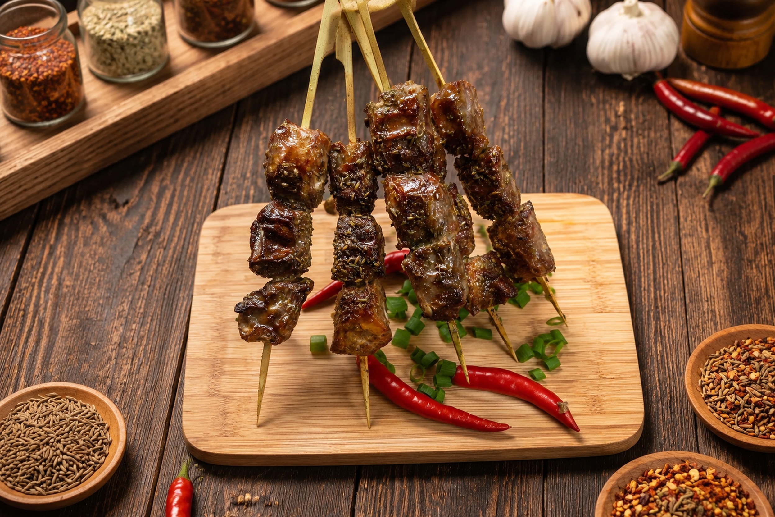 保持原图的烤串、配料和竹制餐盘不变，更换背景为参考图一致的深木… - 图片创意预览