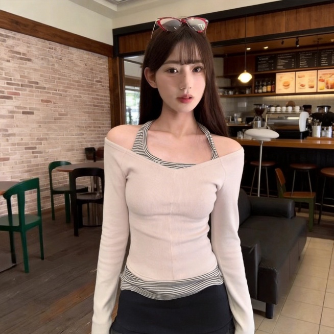 图2女子穿图1服装，背景替换为图2咖啡馆场景，不要粉色文字预览效果
