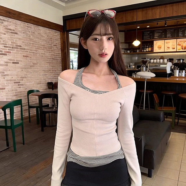 图2女子穿图1服装，背景替换为图2咖啡馆场景，不要粉色文字