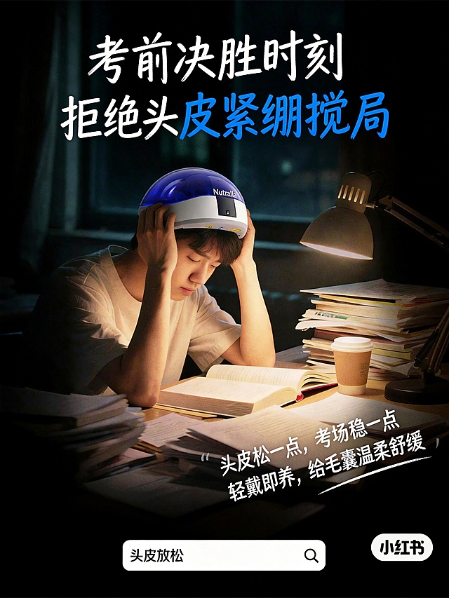 修改字体：把【考前决胜时刻 拒绝头皮紧绷搅局】改成参考图的手写字体，将“拒绝头皮紧绷搅局”改成蓝色；把“头皮松一点，考场稳一点，轻戴即养，给毛囊温柔舒缓”改成相同的手写字体，放到桌面右下方，字号改为当前的一半大小，向左倾斜45度；缩小搜索框，把“头皮放松”四个字移动到白色搜索框内，将“头皮放松”位置的文字改成“小红书”，保证人物和头盔都不变形，保持整体构图和光影不变
