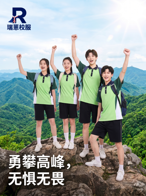 设计一张宣传海报，几名学生穿着图片中的高明夏季校服，登顶佛山皂幕山顶峰，面向山峦风景，整体青春活力积极向上，海报左上角添加LOGO，图片左下角配文"勇攀高峰，无惧无畏"，画质清晰，色彩鲜明预览效果